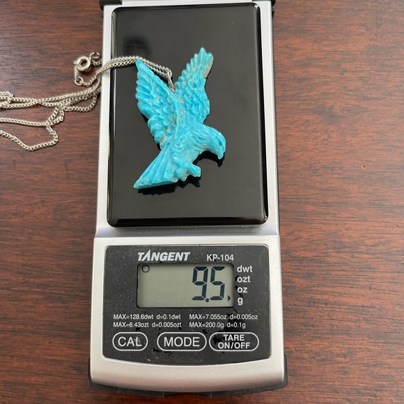 Southwestern signed hand carved turquoise flying eagle pendant and silver chain - Picture 7 of 12